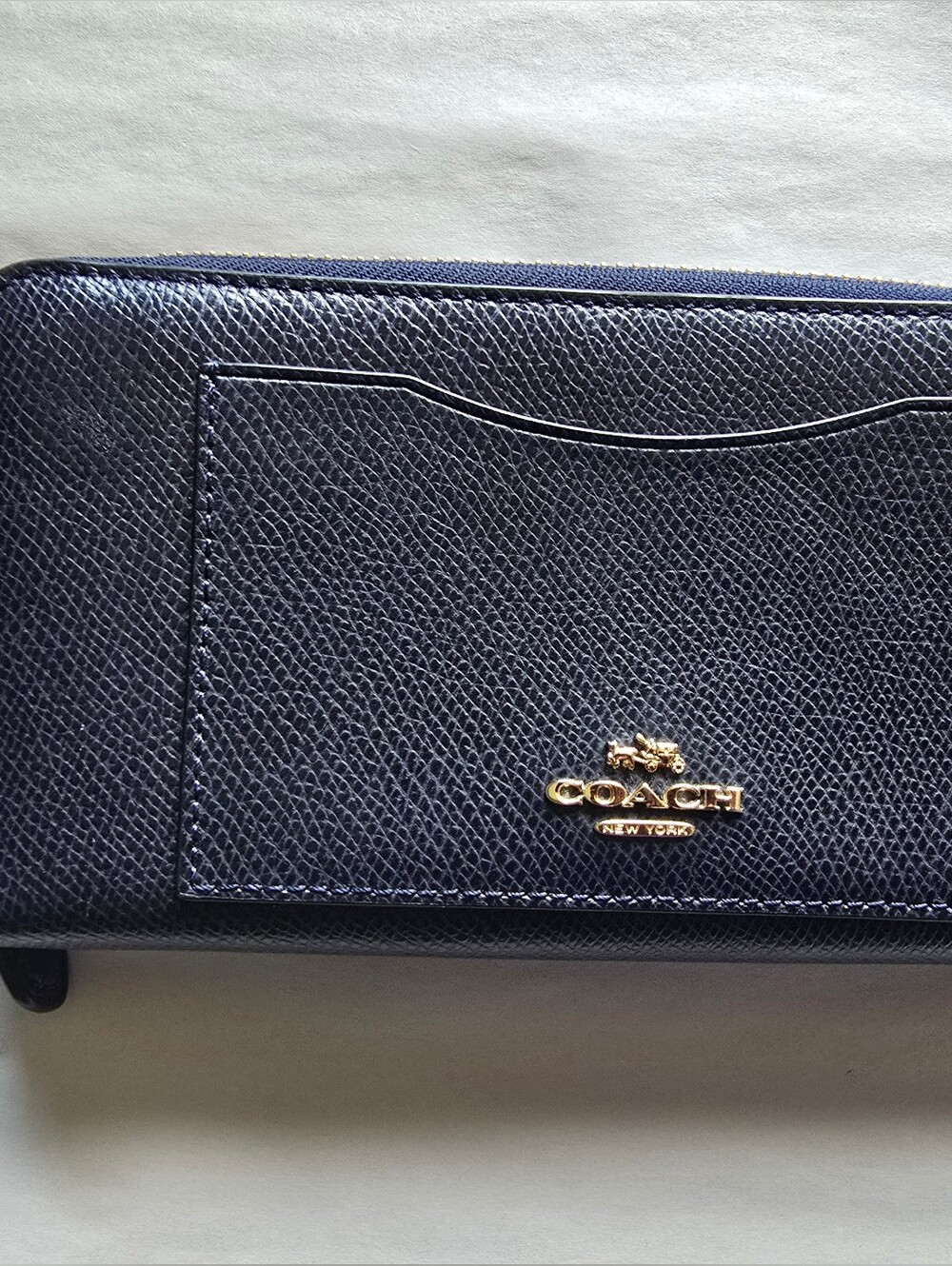 Coach Navy Saffiano Leather Zip Around Wallet with Gold Logo